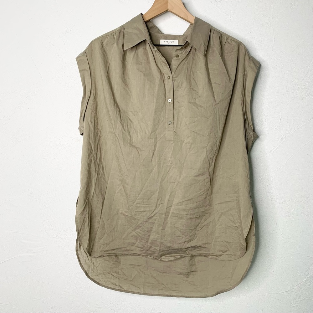 Aritzia Babaton Medium Khaki Button Up Short Sleeve Shirt Oversized Relaxed